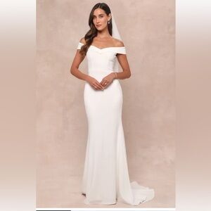 NWT Lulus Arienne White Off-the-Shoulder Mermaid Maxi Dress